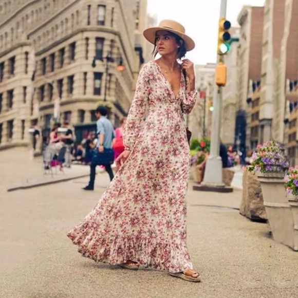 Flowing Blooms Boho Maxi Dress W/Slim Full Skirt, Floral Maxi Dress, Long Sleeve - Picture 11 of 11